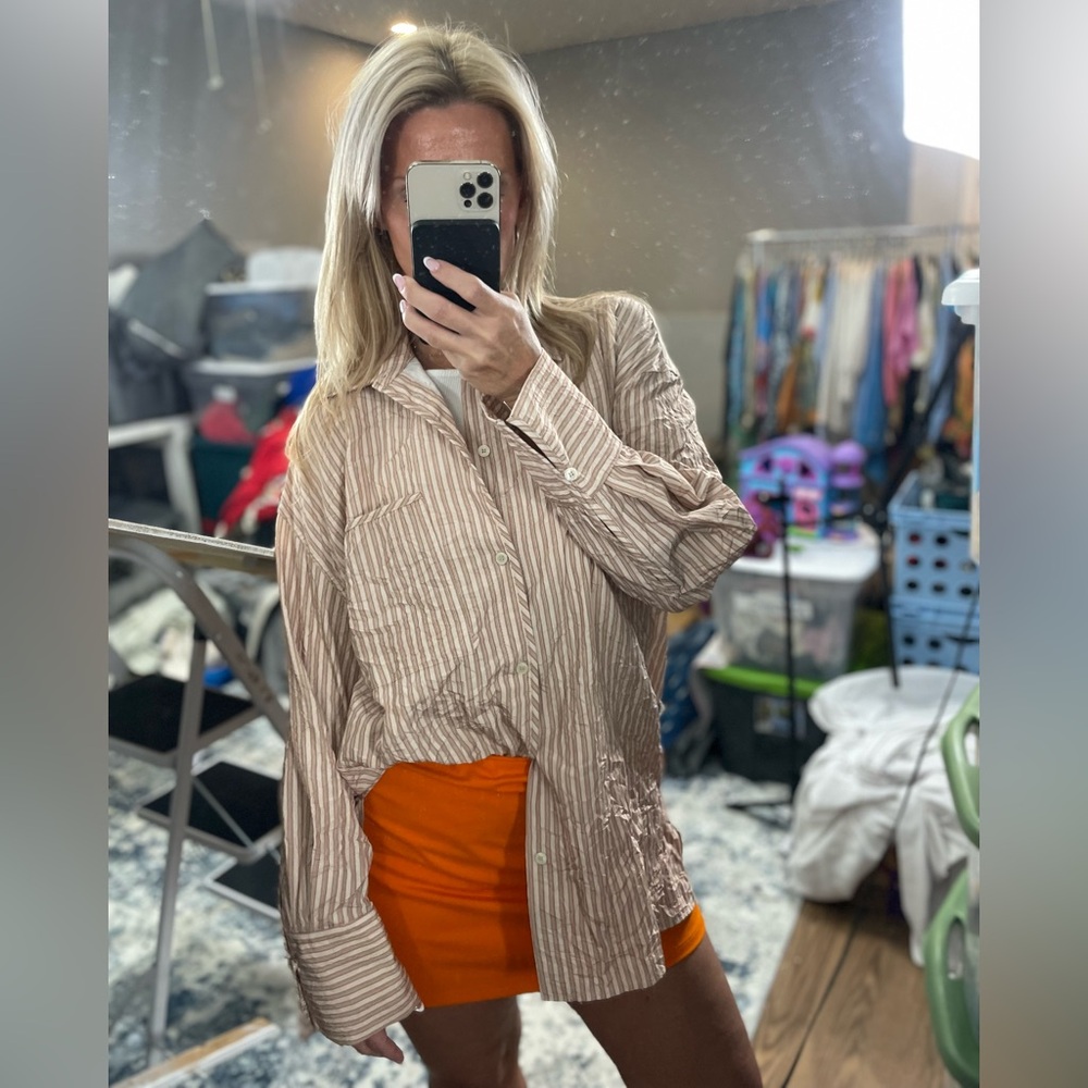 Zara Beige and White Striped Relaxed Button-Up Blouse
